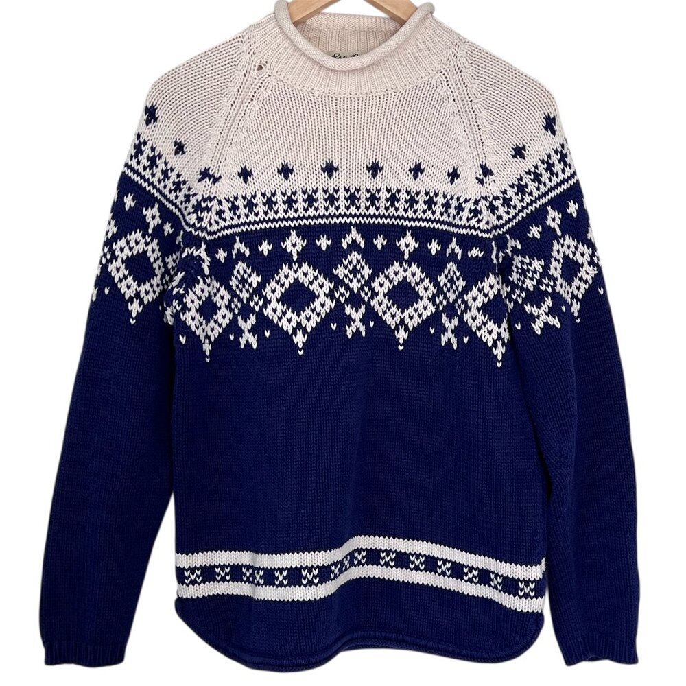 VTG Eddie Bauer Nordic Fair Isle 100% Cotton Roll Neck Blue Sweater Women S/P